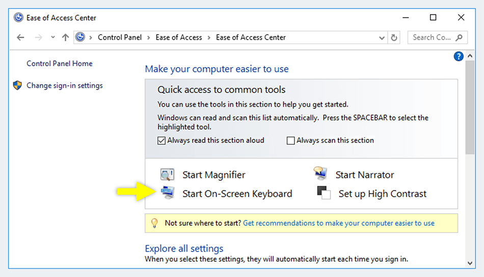 Klik Aktifkan On-Screen Keyboard Windows 10