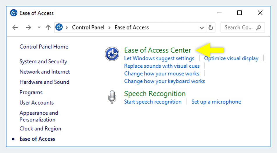 Pilih Ease of Access Center Windows 10