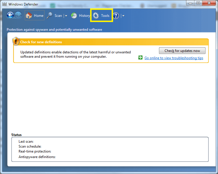 Menu Tools Windows Defender