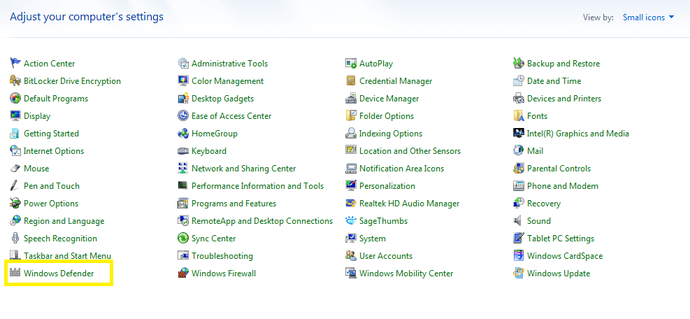 Menu Windows Defender Windows 7