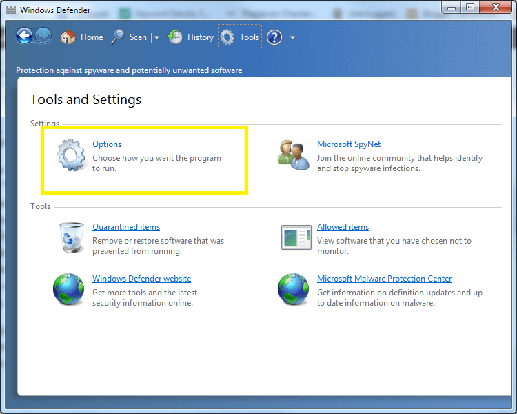 Menu Options Windows Defender