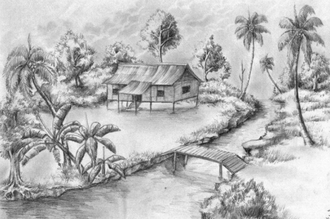 Sketsa Gambar Pemandangan Desa