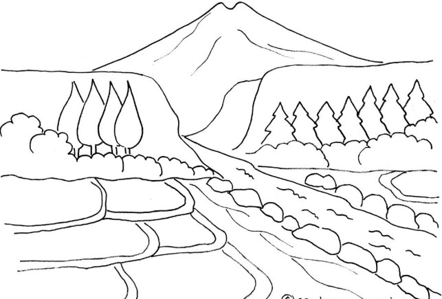 Sketsa Gambar Pemandangan Gunung