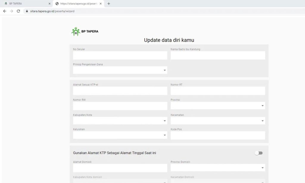 update data diri di sitara tapera