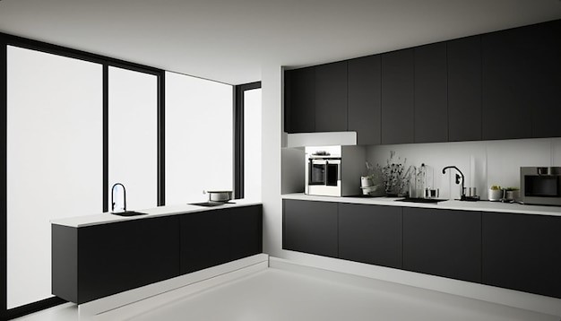Kitchen set hitam dengan warna putih. 