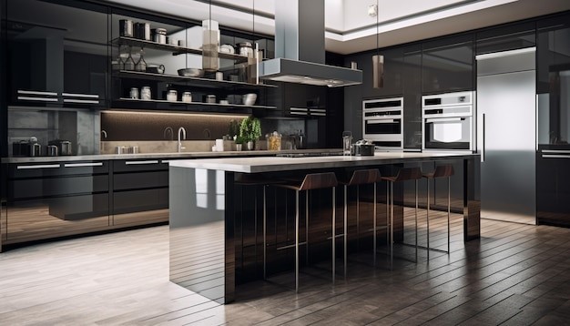 Kitchen set hitam dengan warna silver. 