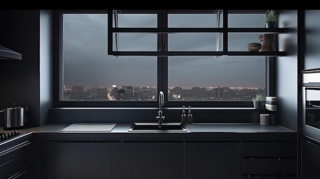 Kitchen set hitam dengan jendela besar. 