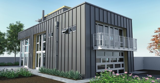 Rumah tanpa teras dengan tema industrial. 